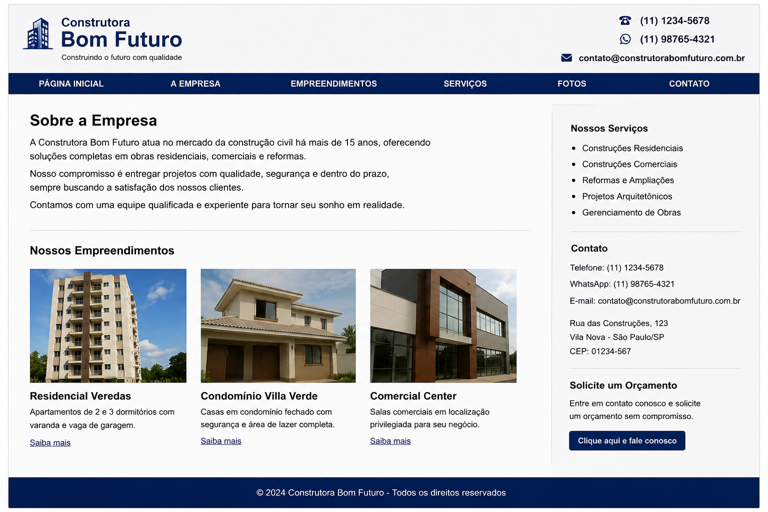 Exemplo de site Empresa Comum — sem autoridade visual