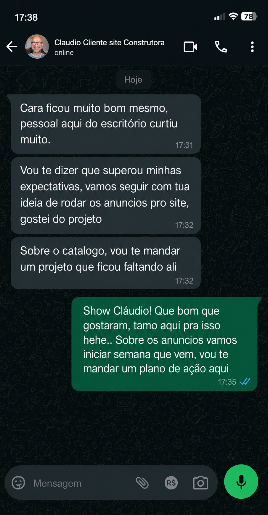 Feedback de Cláudio — cliente Engrenagem MRK